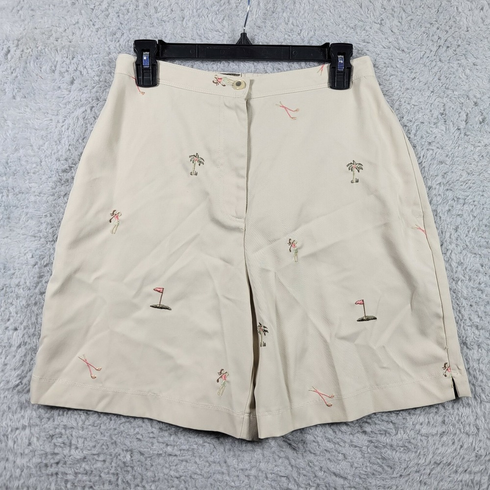 Coral Bay Golf Shorts Women 6 Beige Embroidered Palm Tree Golfer Novelty Print